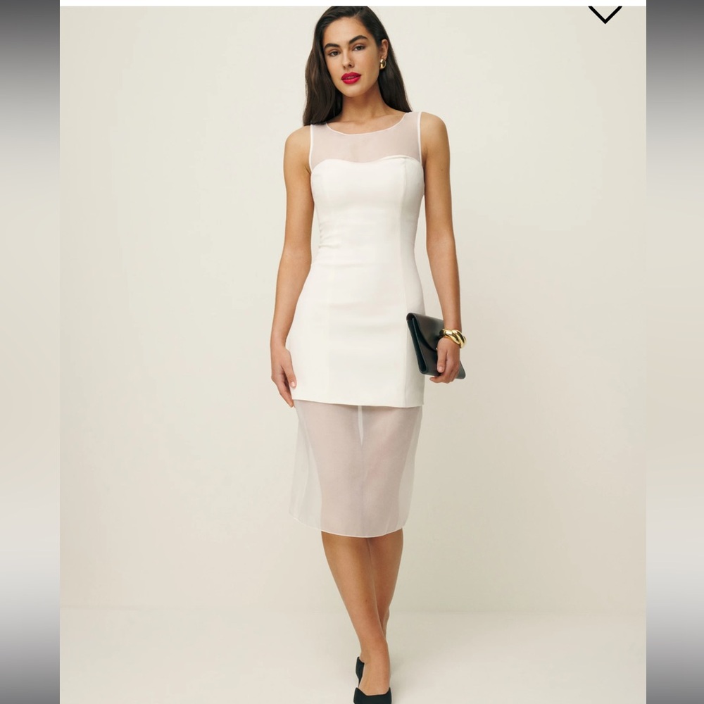 Reformation Cream Sheer-Overlay Midi Dress